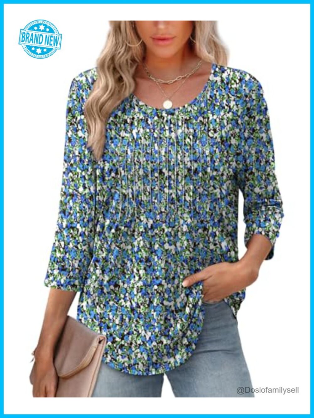Womens Pleated Tunic Top 3/4 Sleeve Crewneck Blouse Loose Fit Curved Hem